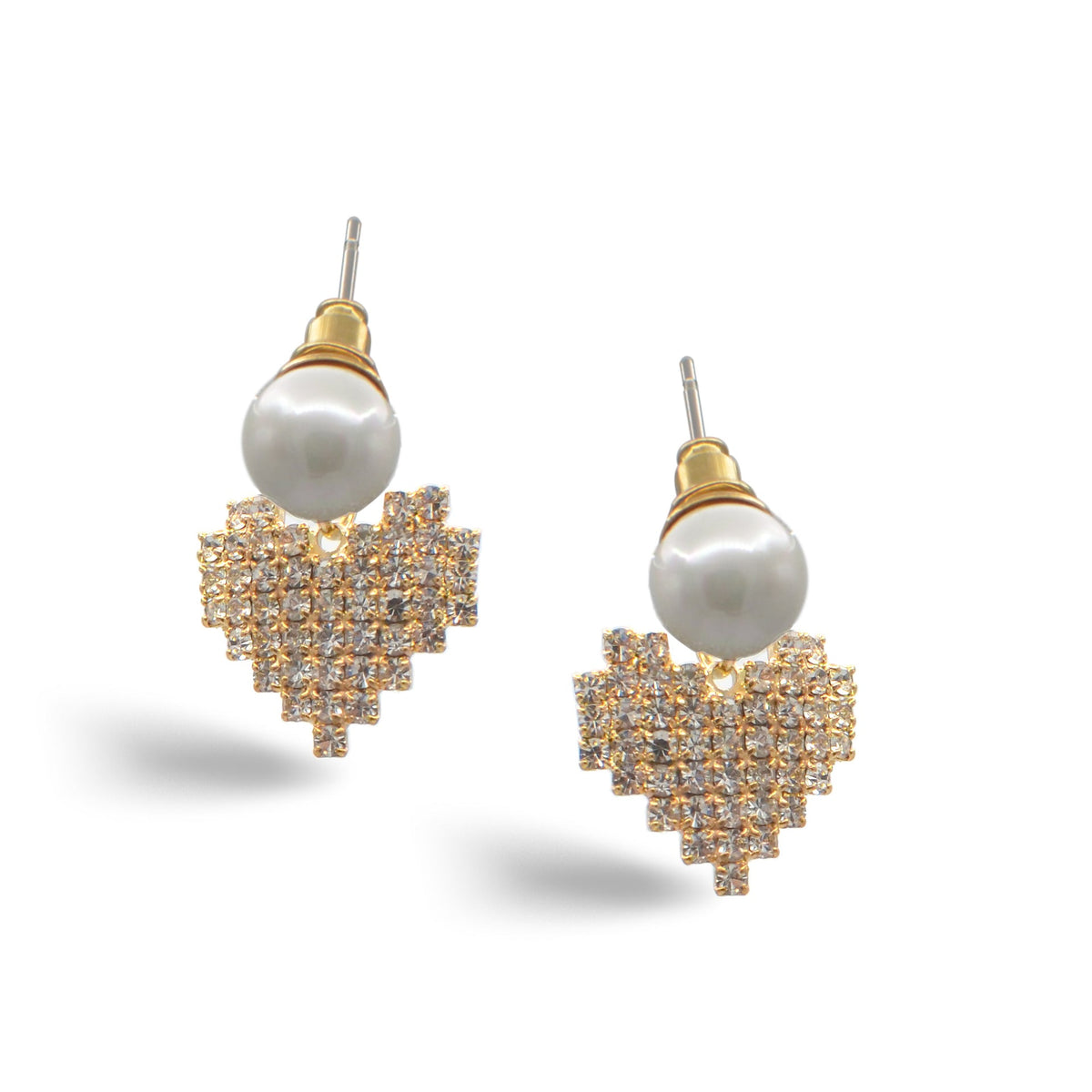 GOLD RHINESTONES HEART PEARL STUD EARRINGS #HNE90620GD Gold