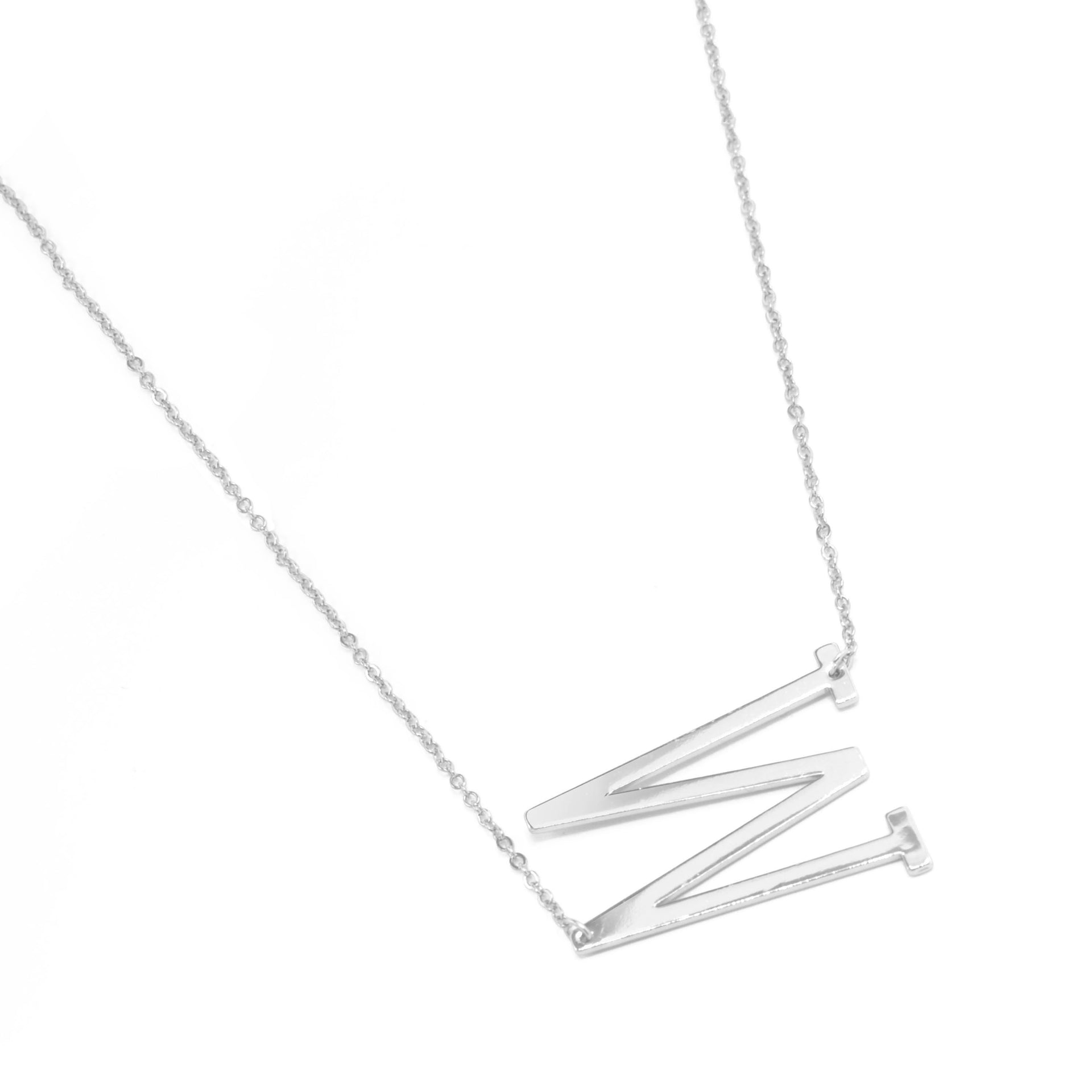 SILVER LETTER M INITIAL CHARM NECKLACE # HNN90627R Rhodium(OE8)