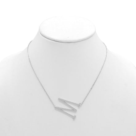SILVER LETTER M INITIAL CHARM NECKLACE # HNN90627R Rhodium(OE8)