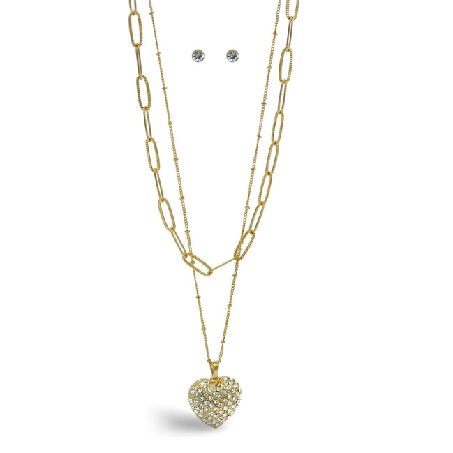 Gold Heart Crystal Pendant Necklace And Earrings Set# # HNN+E90640GC Gold Crystal(SE6)SF6)