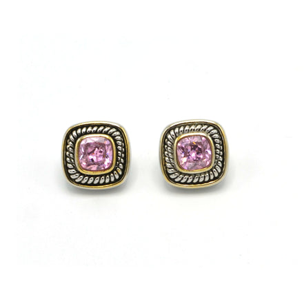 TWO TONE ROSE CRYSTAL SQUARE EARRINGS SET # 73014ER-RO(FE9)