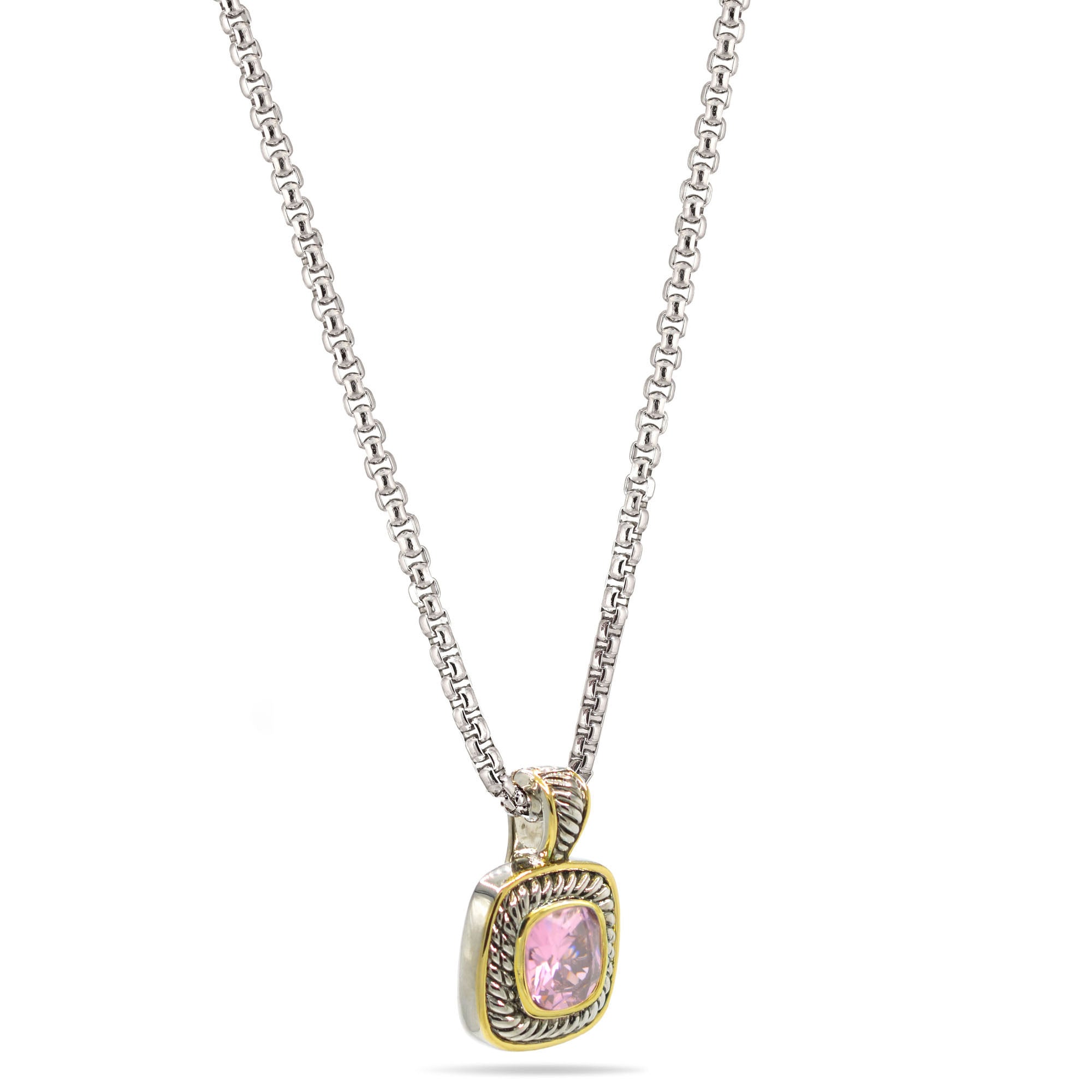 TWO TONE ROSE CRYSTAL SQUARE PENDANT BOX CHAIN NECKLACE # 73014EH-RO(FE9/FG7)