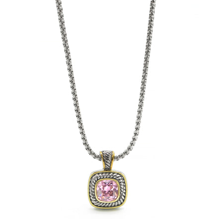 TWO TONE ROSE CRYSTAL SQUARE PENDANT BOX CHAIN NECKLACE # 73014EH-RO(FE9/FG7)