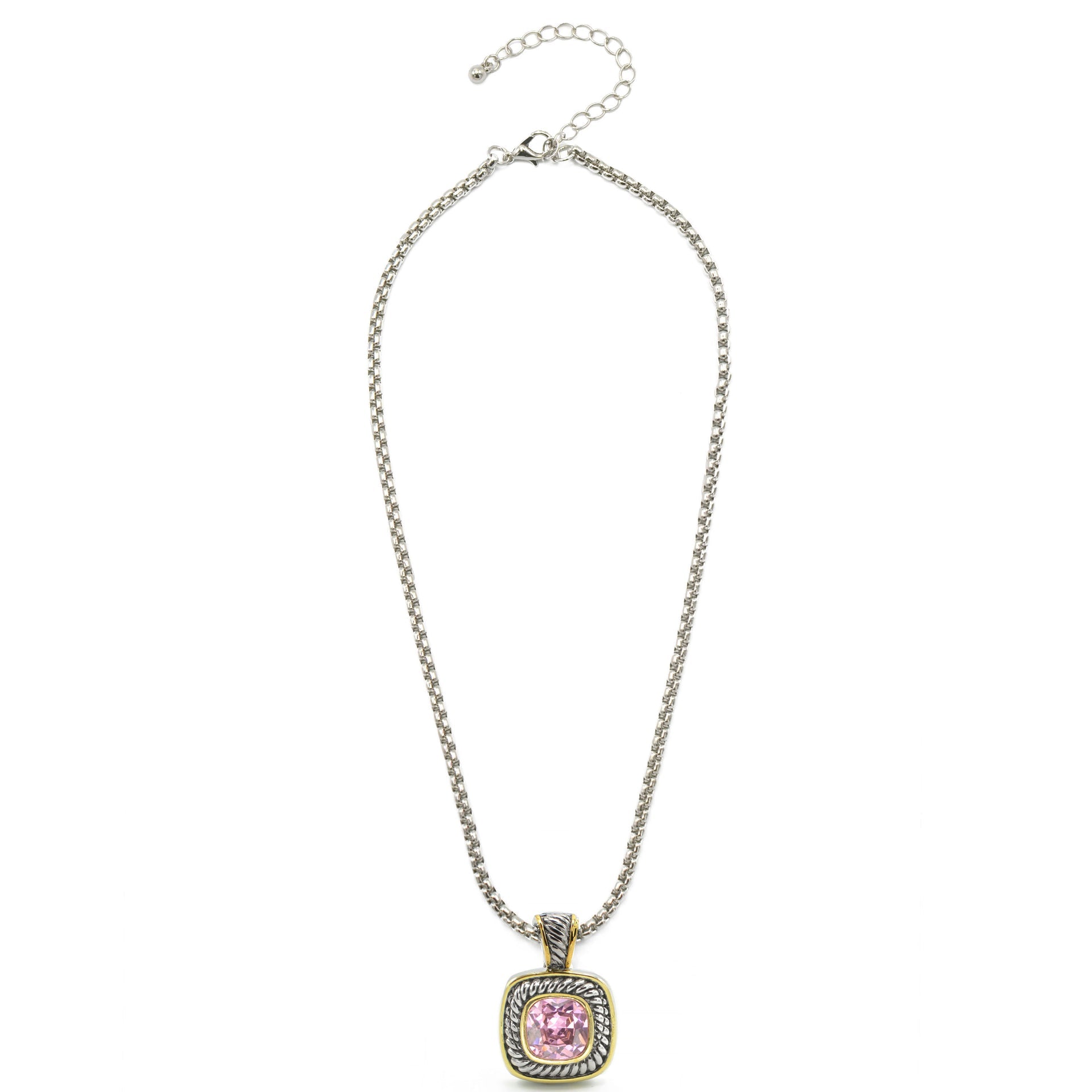 TWO TONE ROSE CRYSTAL SQUARE PENDANT BOX CHAIN NECKLACE # 73014EH-RO(FE9/FG7)