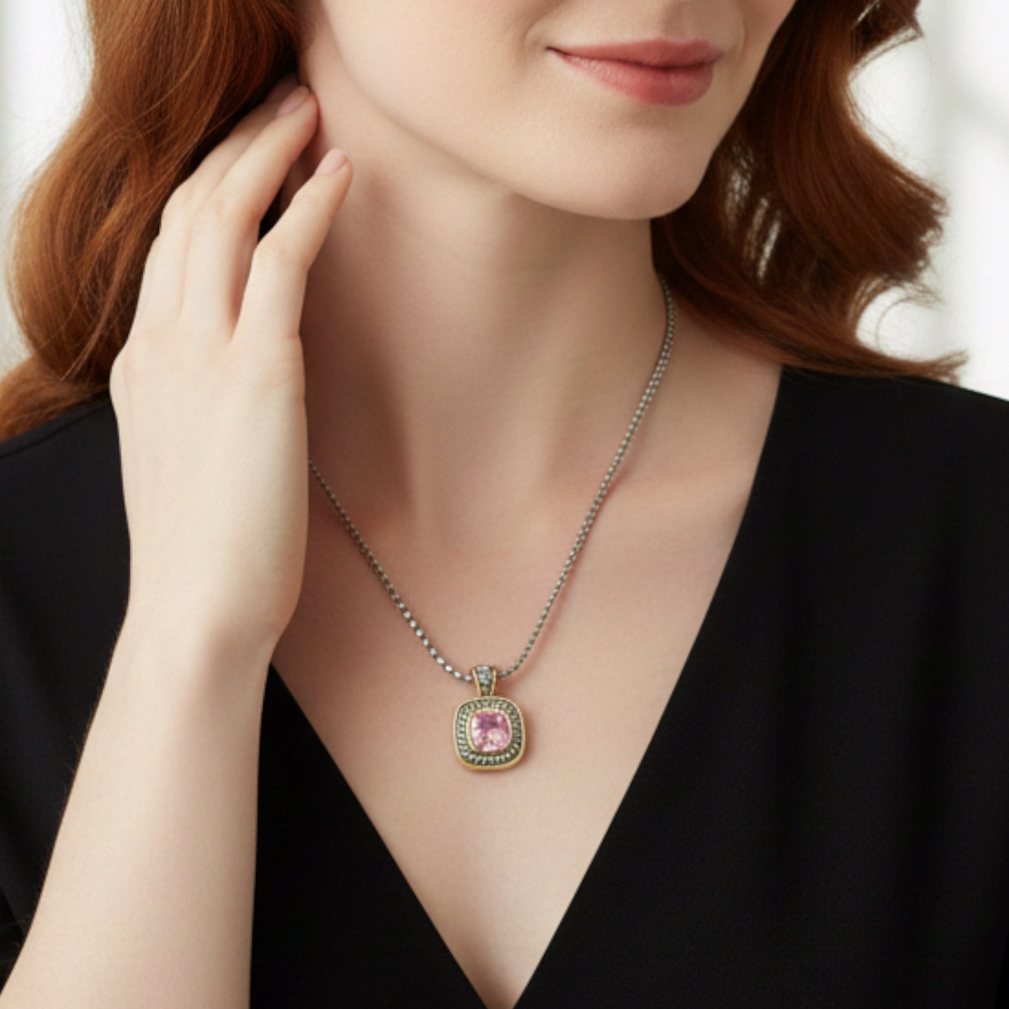 TWO TONE ROSE CRYSTAL SQUARE PENDANT BOX CHAIN NECKLACE # 73014EH-RO(FE9/FG7)