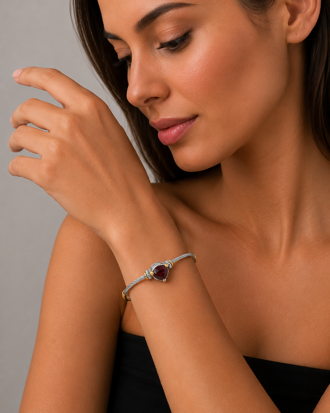 Garnet Heart Crystal Cable Bracelet – 2.5