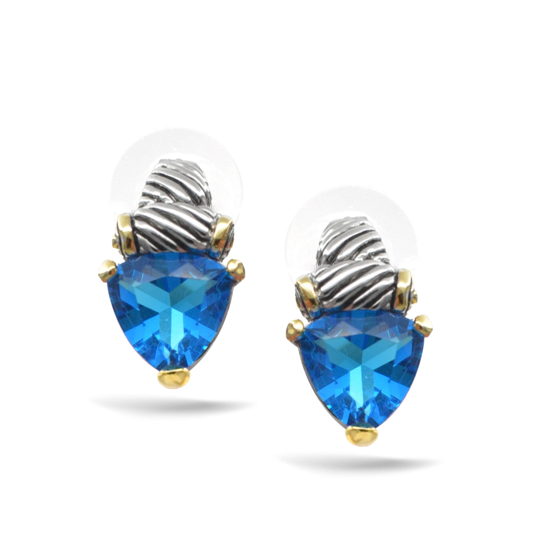 Aqua Blue Crystal Stud Earrings – Silver & Gold Tone Accents | 0.8