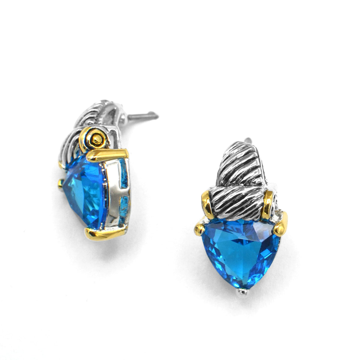 Aqua Blue Crystal Stud Earrings – Silver & Gold Tone Accents | 0.8