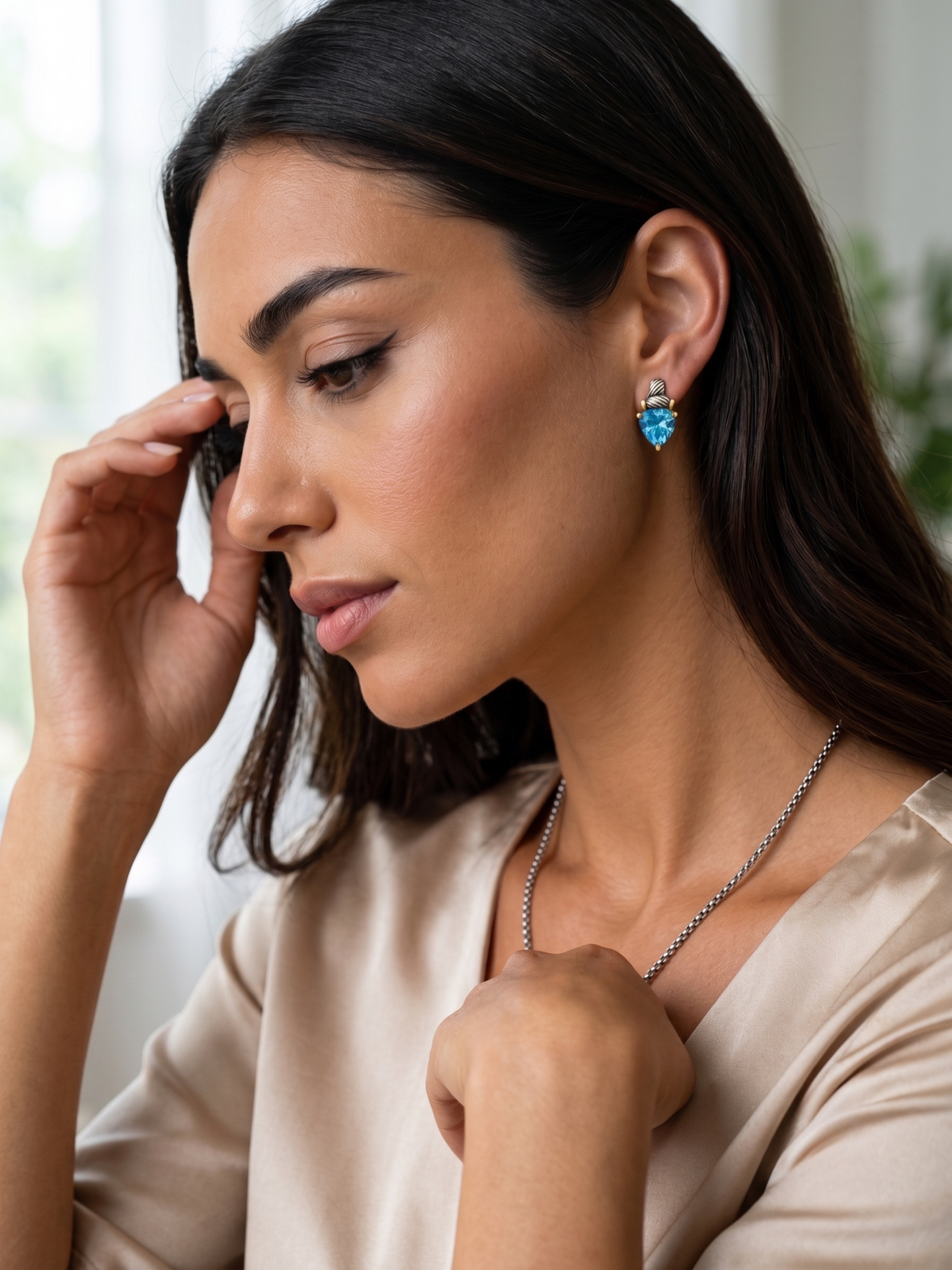 Aqua Blue Crystal Stud Earrings – Silver & Gold Tone Accents | 0.8