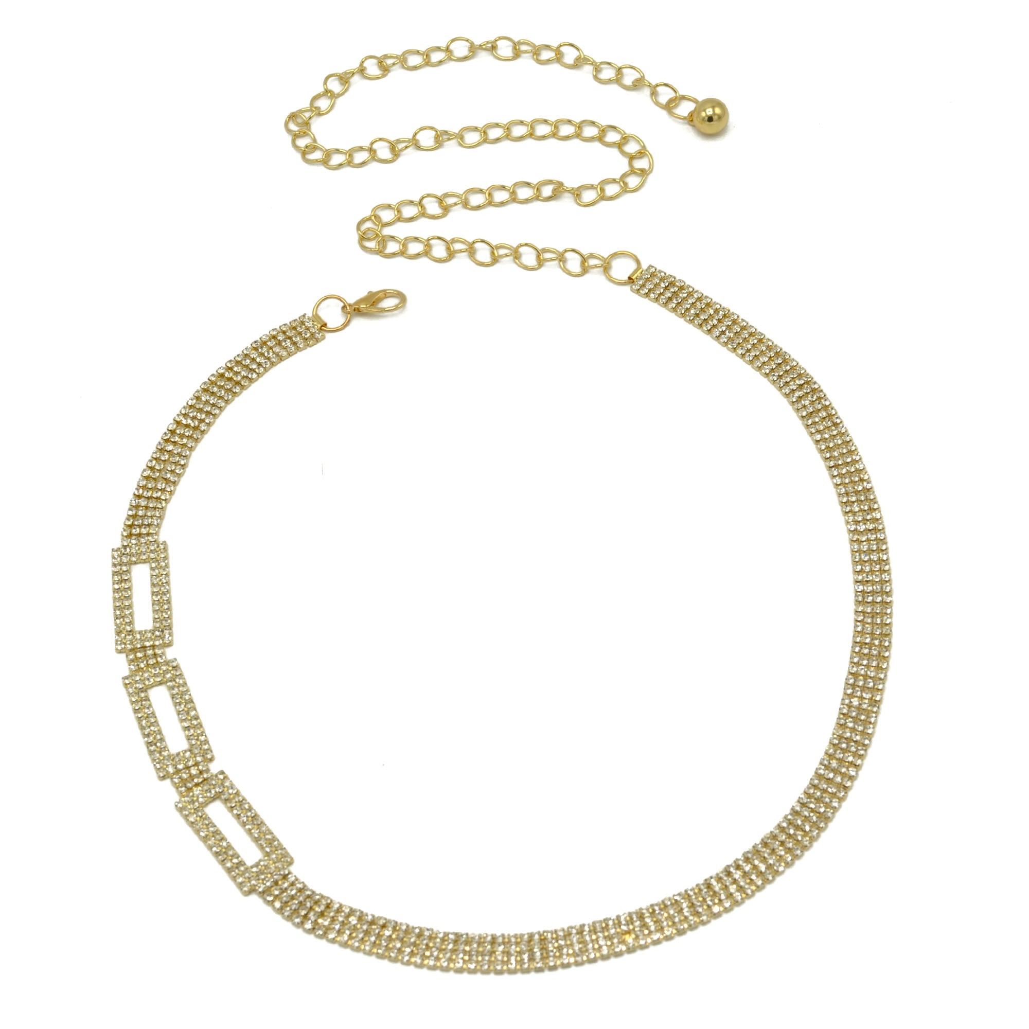 GOLD RECTANGLE RHINESTONE CRYSTAL WAIST CHAIN BELT # HNB90669GD GOLD/CRY