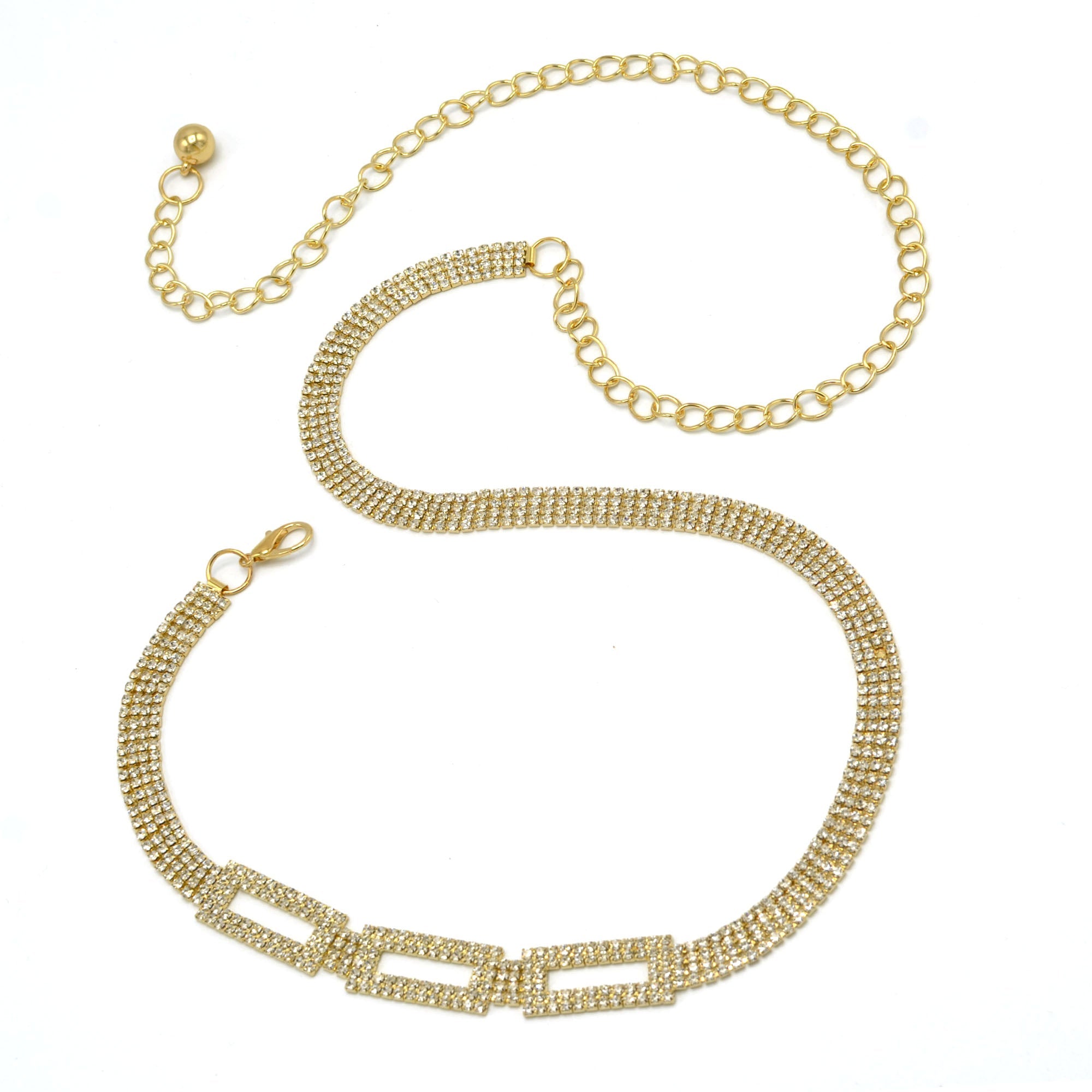 GOLD RECTANGLE RHINESTONE CRYSTAL WAIST CHAIN BELT # HNB90669GD GOLD/CRY