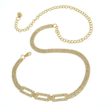 GOLD RECTANGLE RHINESTONE CRYSTAL WAIST CHAIN BELT # HNB90669GD GOLD/CRY