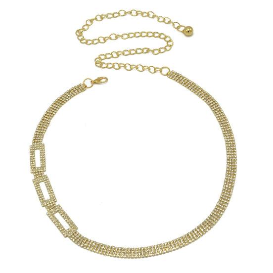 GOLD RECTANGLE RHINESTONE CRYSTAL WAIST CHAIN BELT # HNB90669GD GOLD/CRY