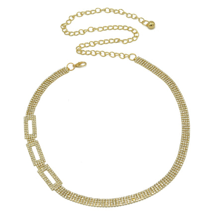 GOLD RECTANGLE RHINESTONE CRYSTAL WAIST CHAIN BELT # HNB90669GD GOLD/CRY