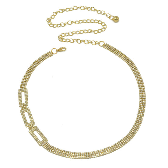 GOLD RECTANGLE RHINESTONE CRYSTAL WAIST CHAIN BELT # HNB90669GD GOLD/CRY