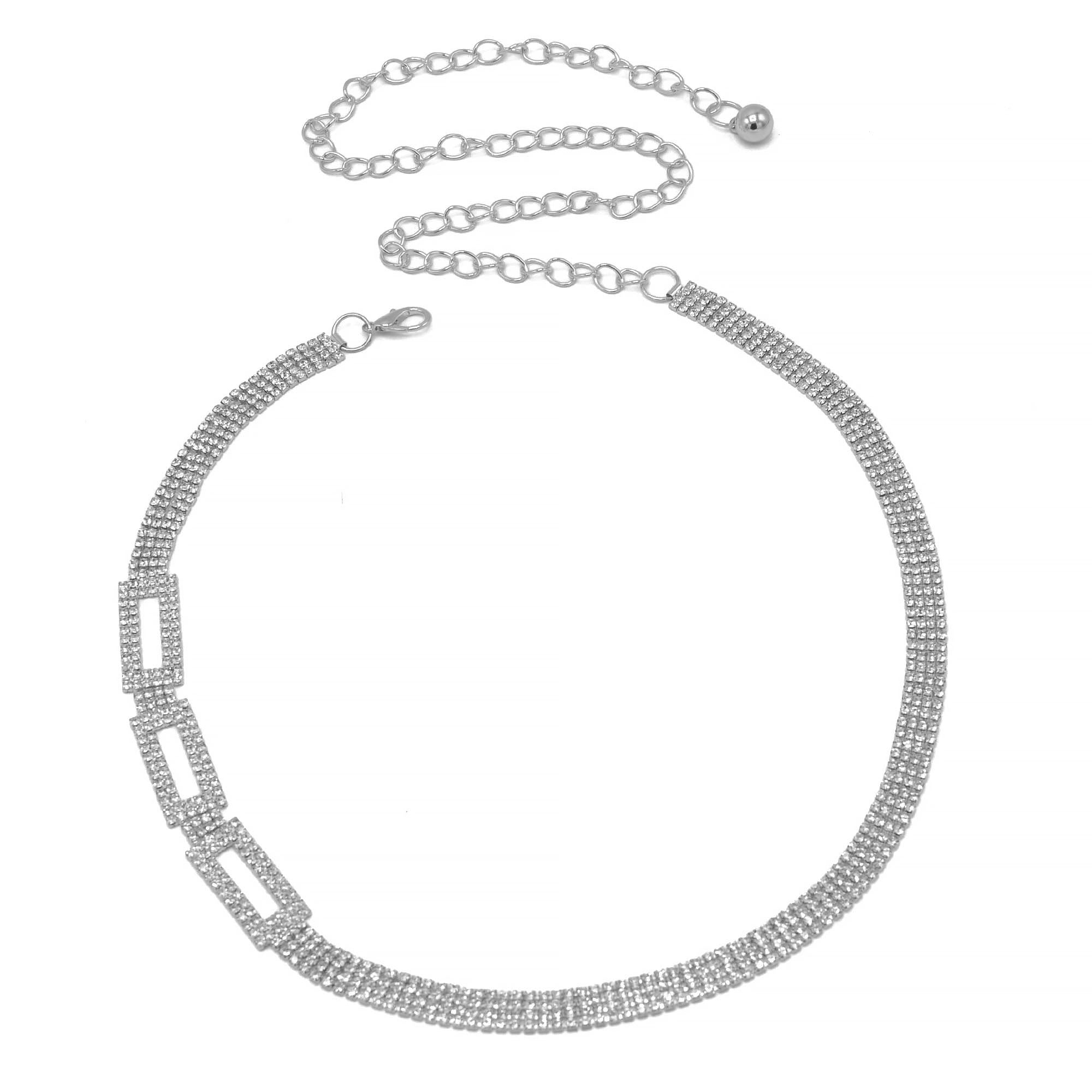 RHODIUM  RECTANGLE RHINESTONE CRYSTAL WAIST CHAIN BELT # HNB90669RH RHODIUM/CRY