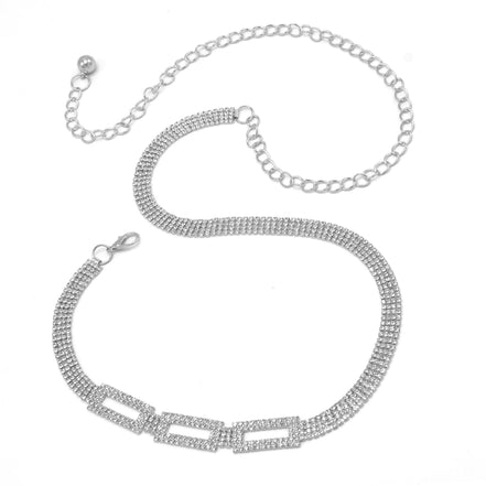 RHODIUM  RECTANGLE RHINESTONE CRYSTAL WAIST CHAIN BELT # HNB90669RH RHODIUM/CRY