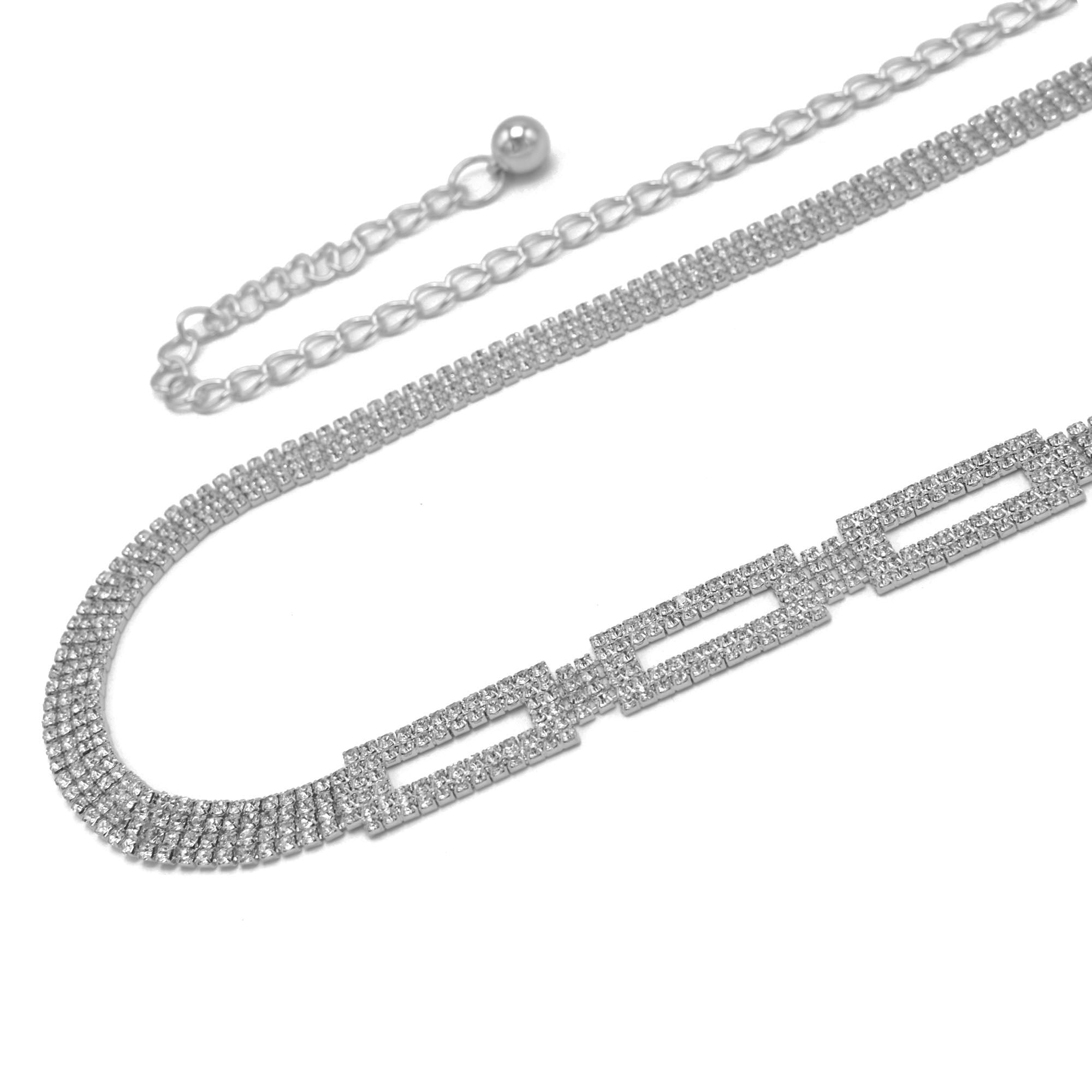 RHODIUM  RECTANGLE RHINESTONE CRYSTAL WAIST CHAIN BELT # HNB90669RH RHODIUM/CRY