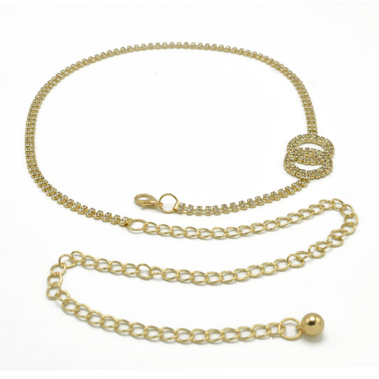 GOLD TWO CIRCLE RHINESTONE CRYSTAL WAIST CHAIN BELT# HNB90671GD(KNF3)