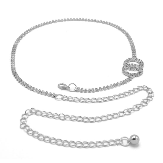 RHODIUM TWO CIRCLE RHINESTONE CRYSTAL WAIST CHAIN BELT # HNB90671RH(KNF5)