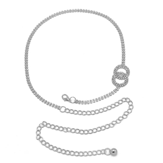RHODIUM TWO CIRCLE RHINESTONE CRYSTAL WAIST CHAIN BELT # HNB90671RH(KNF5)
