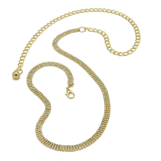 GOLD 3 ROWS RHINESTONE CRYSTAL WAIST CHAIN BELT #HNB90672GD
