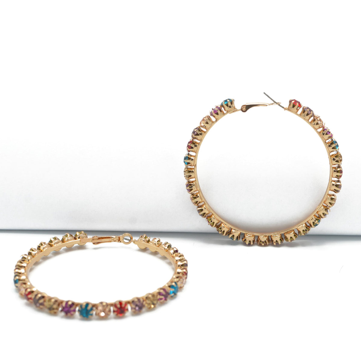 GOLD MULTI COLOR RHINESTONE HOOP EARRING # HNE90686GD
