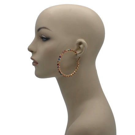 GOLD MULTI COLOR RHINESTONE HOOP EARRING # HNE90686GD
