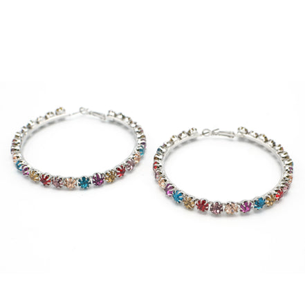 SILVER MULTI COLOR RHINESTONE HOOP EARRING# HNE90686SIL