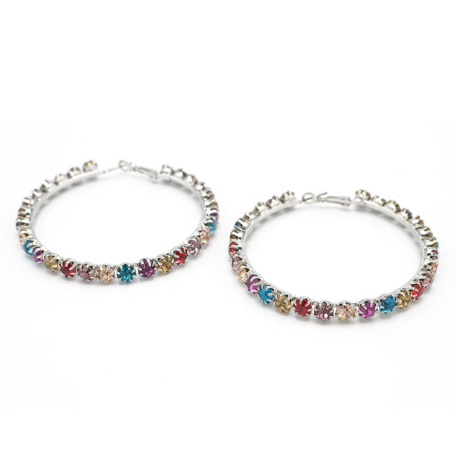 SILVER MULTI COLOR RHINESTONE HOOP EARRING# HNE90686SIL