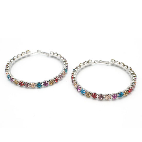 SILVER MULTI COLOR RHINESTONE HOOP EARRING# HNE90686SIL