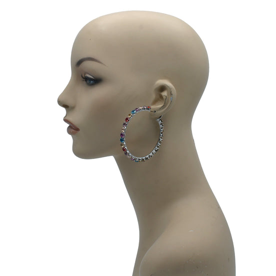 SILVER MULTI COLOR RHINESTONE HOOP EARRING# HNE90686SIL