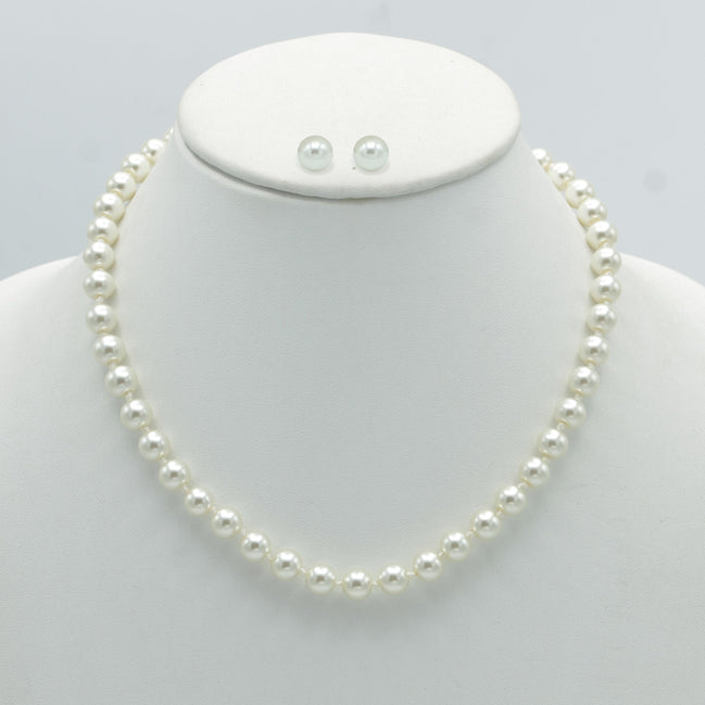 Gold 8Mm Cream Pearl Necklace And Earrings Set# SWY-18014GDCM(KNG4/NC17-18)