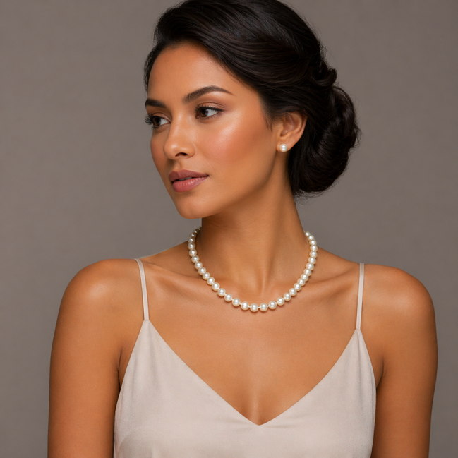 Gold 8Mm Cream Pearl Necklace And Earrings Set# SWY-18014GDCM