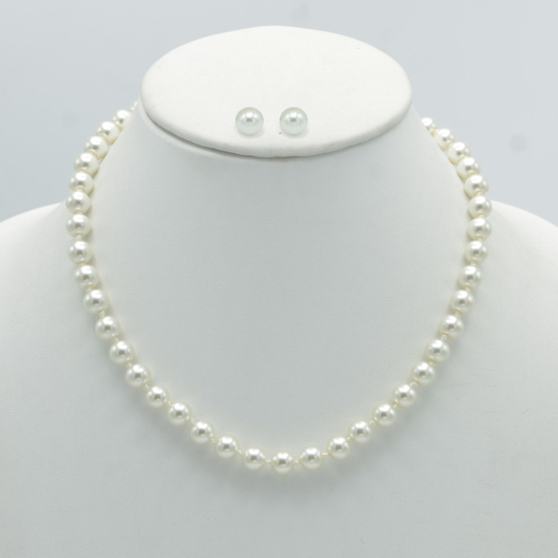 Gold 8Mm Cream Pearl Necklace And Earrings Set# SWY-18014GDCM
