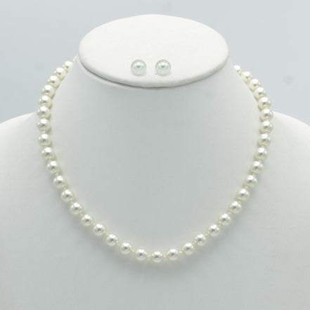 Gold 8Mm Cream Pearl Necklace And Earrings Set# SWY-18014GDCM