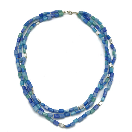 SILVER TURQUOISE AND BLUE RECTANGLE BEADS LAYER NECKLACE #FW-N127SB(15FL&28W-B)