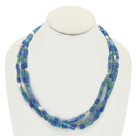 SILVER TURQUOISE AND BLUE RECTANGLE BEADS LAYER NECKLACE #FW-N127SB(15FL&28W-B)