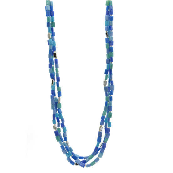 SILVER TURQUOISE AND BLUE RECTANGLE BEADS LAYER NECKLACE #FW-N127SB(15FL&28W-B)