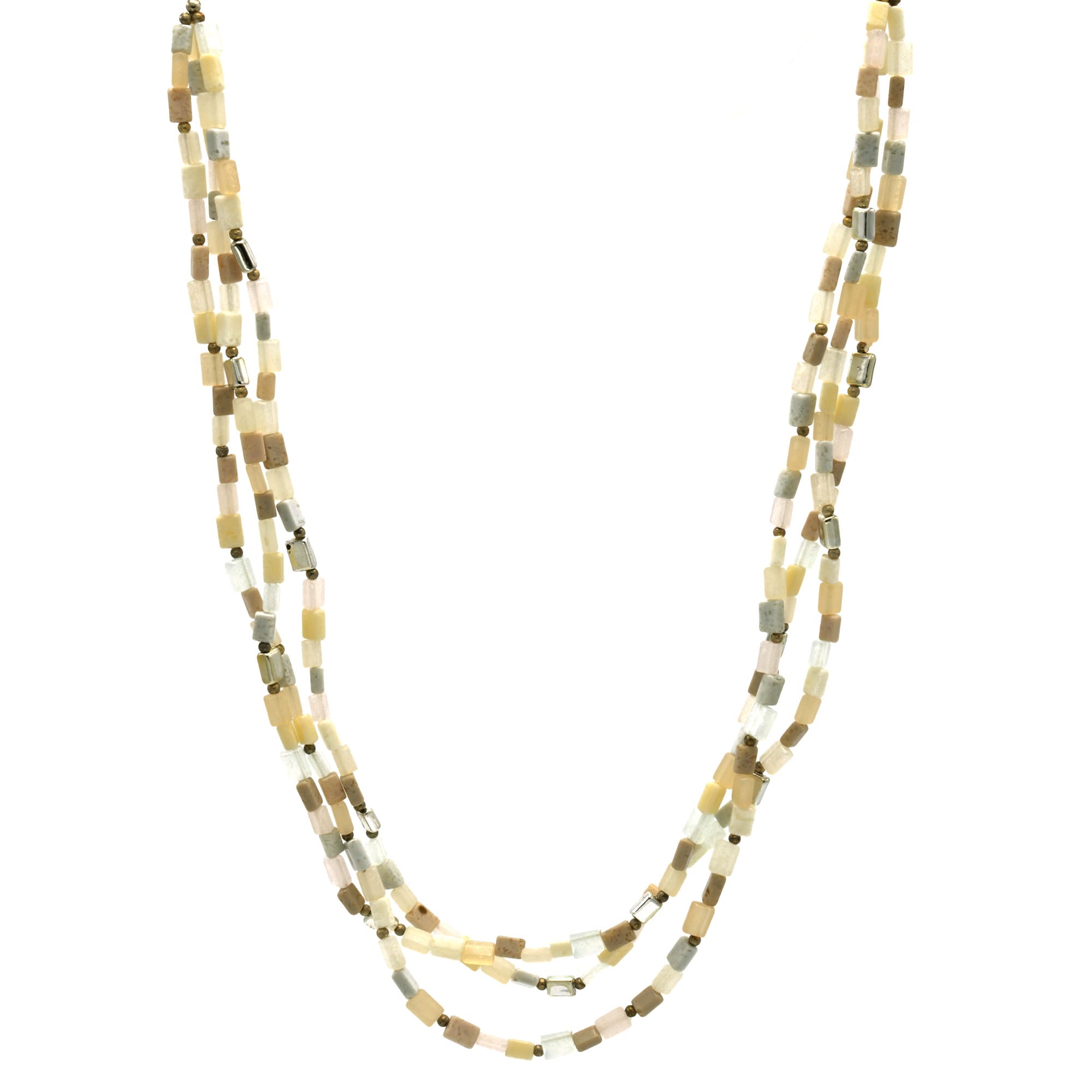 SILVER  WHITE CREAM AND GRAY RECTANGLE BEADS LAYER NECKLACE #FW-N127SW(15FL&28W-B)