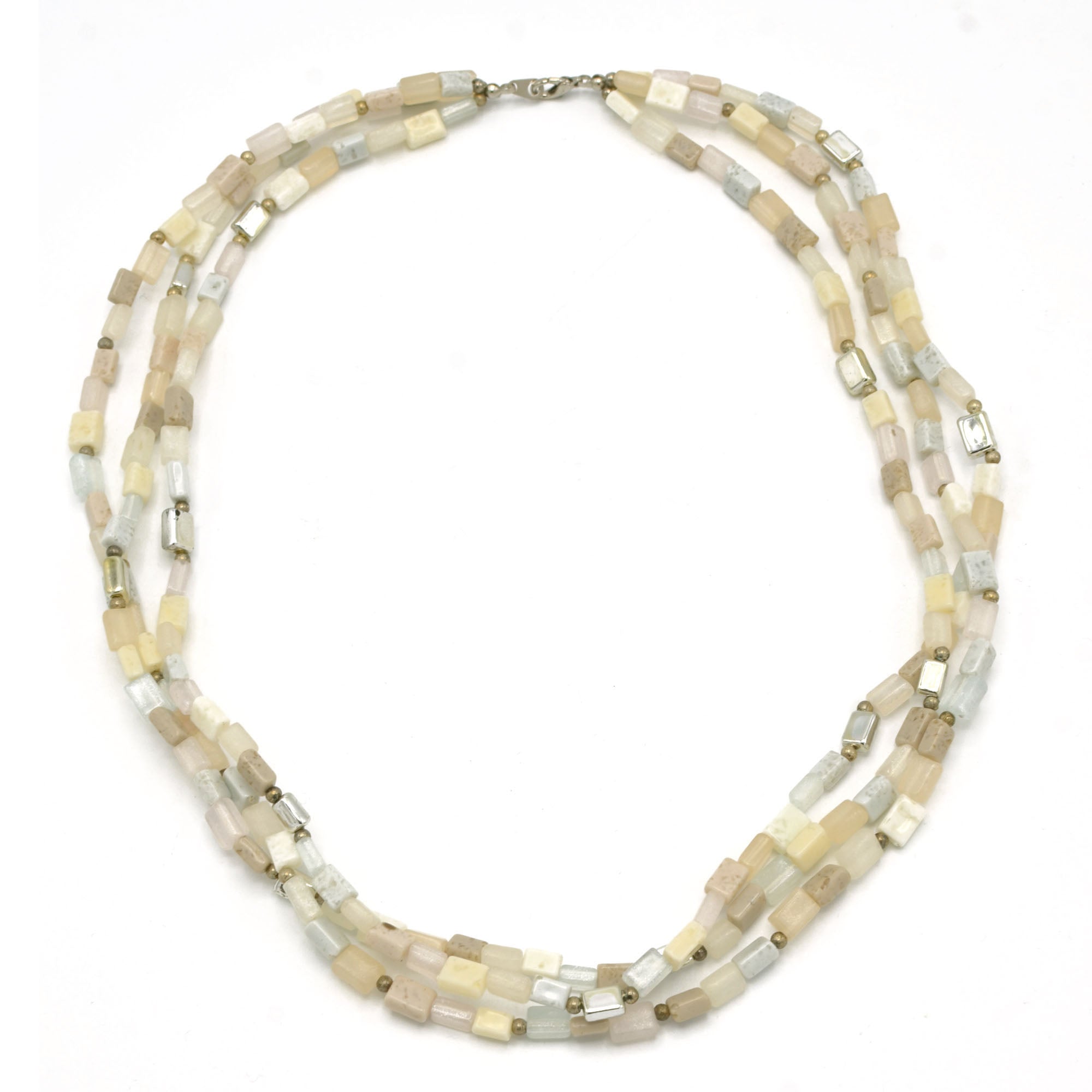 SILVER  WHITE CREAM AND GRAY RECTANGLE BEADS LAYER NECKLACE #FW-N127SW(15FL&28W-B)