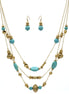 GOLD AND TURQUOISE BEADS LAYER NECKLACE AND EARRINGS SET #HNN+E89835GDTQ-1(EE5)