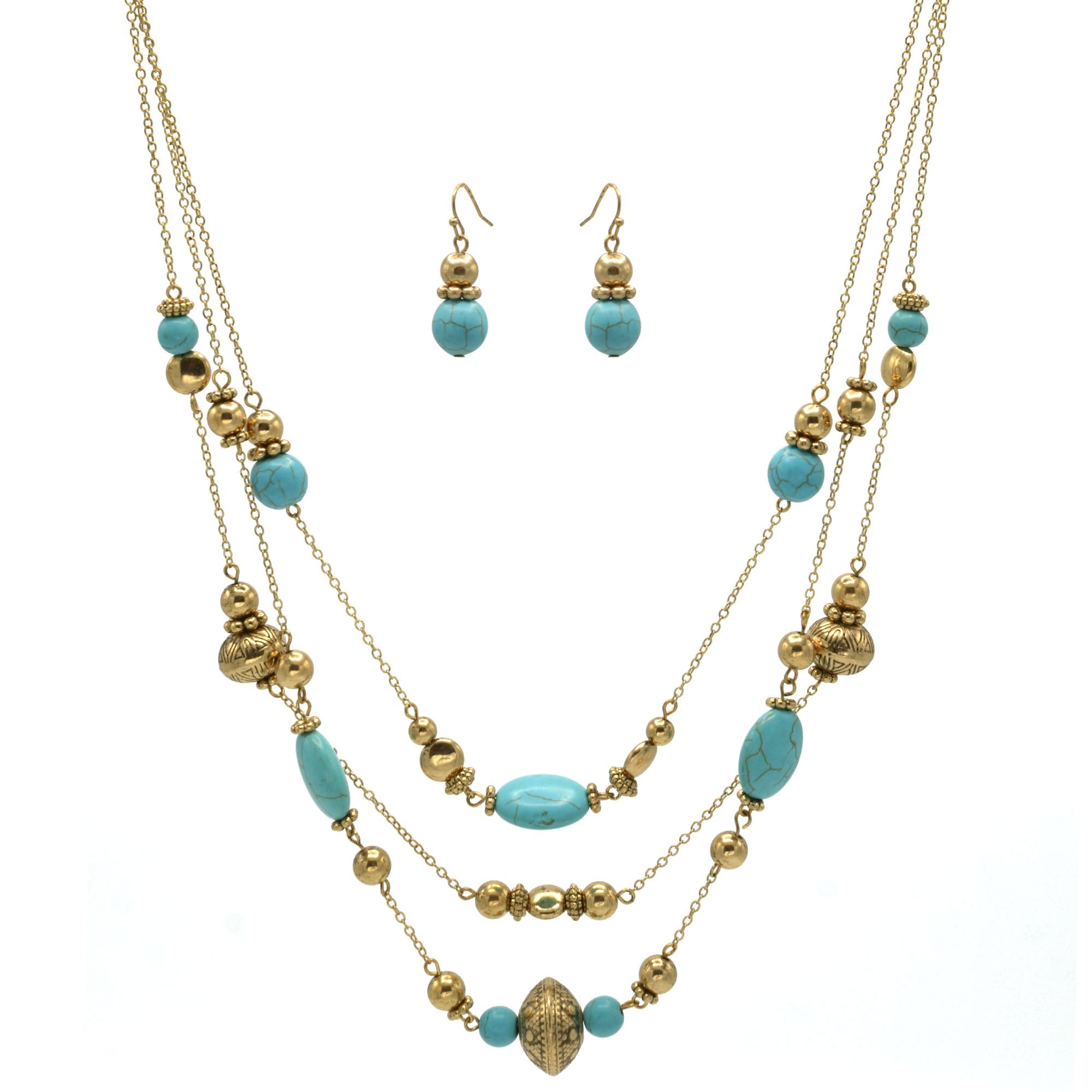 GOLD AND TURQUOISE BEADS LAYER NECKLACE AND EARRINGS SET #HNN+E89835GDTQ-1(EE5)