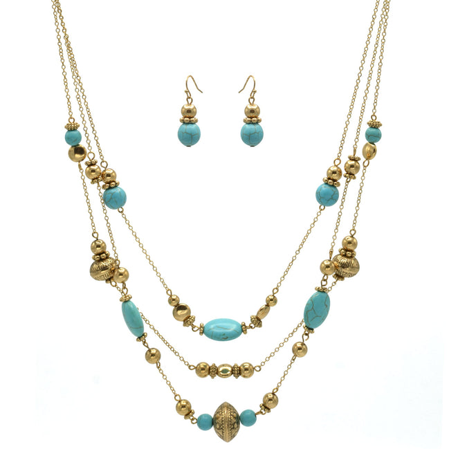 GOLD AND TURQUOISE BEADS LAYER NECKLACE AND EARRINGS SET #HNN+E89835GDTQ-1(EE5)