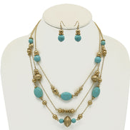 GOLD AND TURQUOISE BEADS LAYER NECKLACE AND EARRINGS SET #HNN+E89835GDTQ-1(EE5)