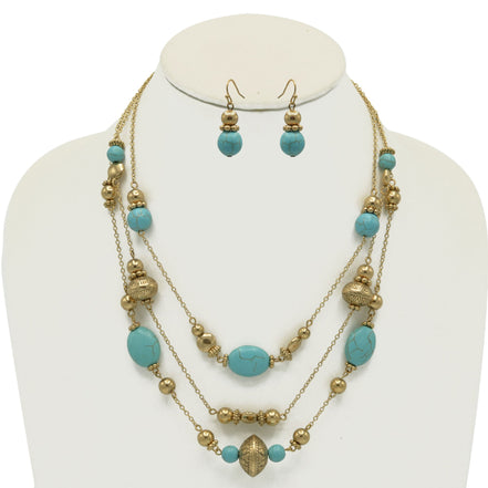 GOLD AND TURQUOISE BEADS LAYER NECKLACE AND EARRINGS SET #HNN+E89835GDTQ-1(EE5)