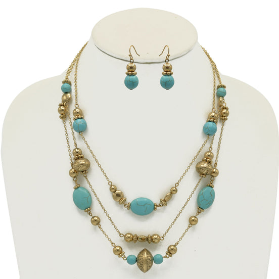 GOLD AND TURQUOISE BEADS LAYER NECKLACE AND EARRINGS SET #HNN+E89835GDTQ-1(EE5)