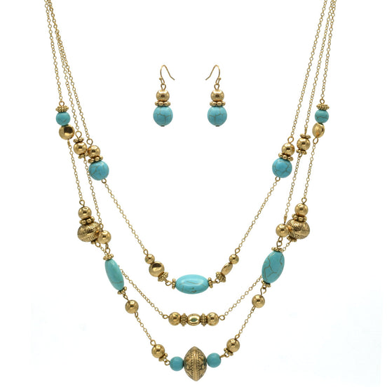 GOLD AND TURQUOISE BEADS LAYER NECKLACE AND EARRINGS SET #HNN+E89835GDTQ-1(EE5)