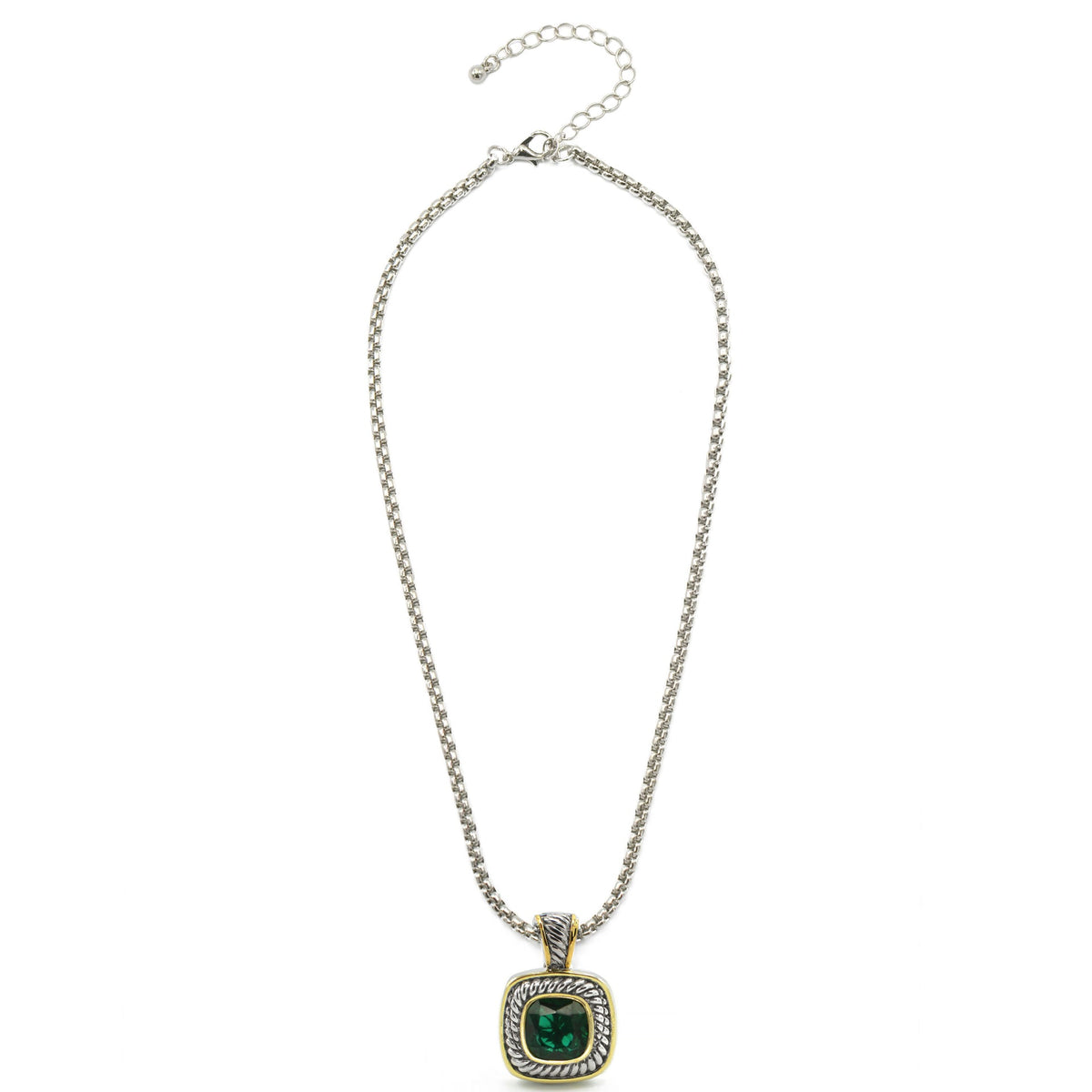 TWO-TONE EMERALD GREEN SQUARE PENDANT BOX CHAIN NECKLACE #73014EH-EGR