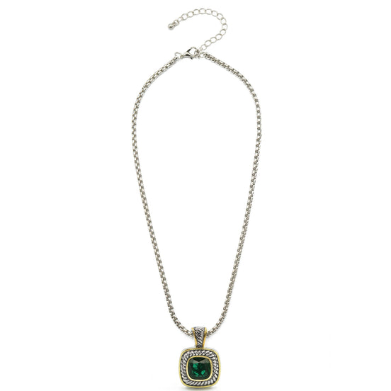 TWO-TONE EMERALD GREEN SQUARE PENDANT BOX CHAIN NECKLACE #73014EH-EGR